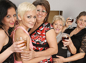 Five horny old and young lesbians make it pair for Christmas